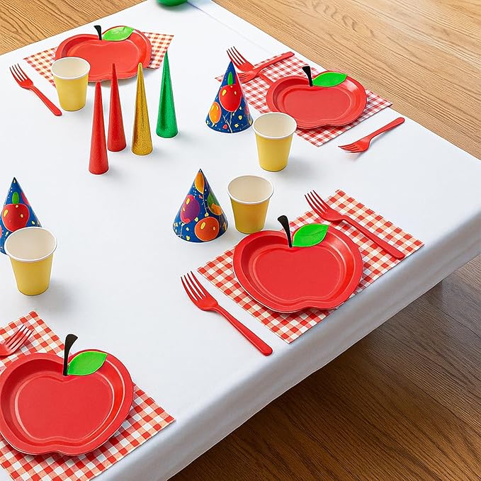 100 Pcs Apple Party Supplies Set, Serves 25 – Disposable Apple-Shaped Paper Plates, Red Gingham Napkins, and Forks, Fruit Themed Tableware for Teacher Appreciation, and Back to School Decorations
