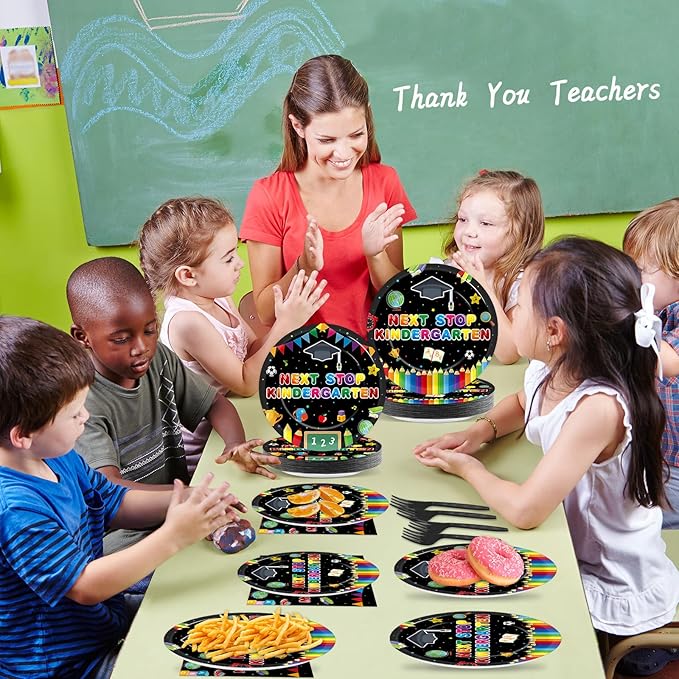 96Pcs Preschool Graduation Plates and Napkins, Next Stop Kindergarten Party Supplies Prek Graduation Themed Dessert Disposable Plates Tableware set for 24 Guests Party Decorations