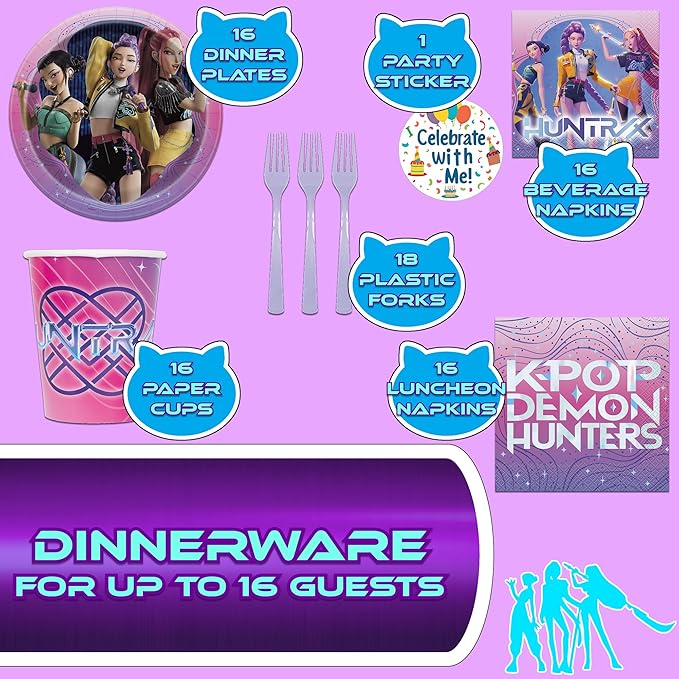 Unique K-Pop Demon Hunters Party Supplies | Complete Tableware Set | Serves 16 | Officially Licensed | Plates, Cups, Napkins, And Cutlery | Birthday Tableware For Kids, Buffets, Easy Cleanup
