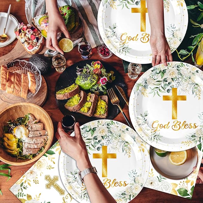 40Pcs God Bless Party Decorations Tableware Supplies 20 Plates and 20 Napkins for God Bless Baptism Party Decoration Serve 20 Guests