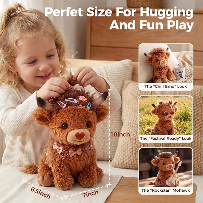 Mewaii Highland Cow Stuffed Animal, Weighted Highland Cow Plush with Washable Cover 1.1 lbs, Heatable & Coolable Microwavable Stuffed Animal Fluffy Cute Cozy Gift for Kids Women 10 Inch