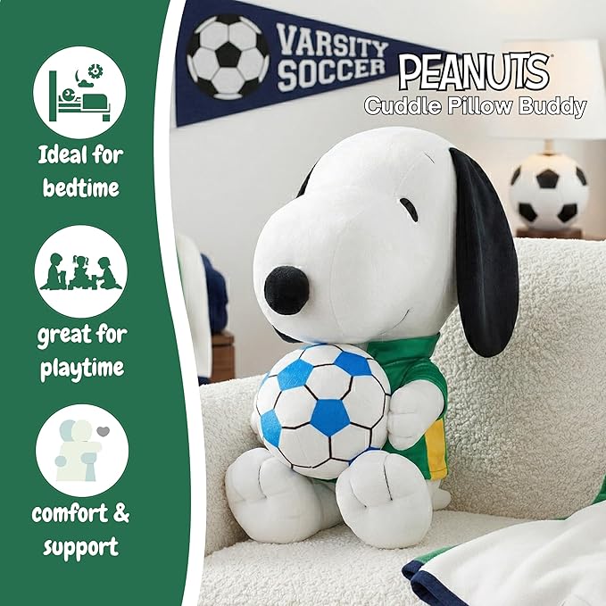 Peanuts Snoopy Soccer Plush Cuddle Pillow Buddy, Kids Bedding Super Soft Sports Pillow, 17" Tall, 2026 World Soccer Tournament (Officially Licensed Product) by Franco Collectibles