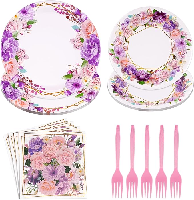 Grencian 96Pcs Spring Floral Party Supplies Pink Purple Flowers Paper Plates and Napkins Disposable Spring Floral Tableware Set for Mother’s Day Tea Party Wedding Bridal Shower Baby Shower, Serves 24