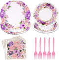 Grencian 96Pcs Spring Floral Party Supplies Pink Purple Flowers Paper Plates and Napkins Disposable Spring Floral Tableware Set for Mother’s Day Tea Party Wedding Bridal Shower Baby Shower, Serves 24