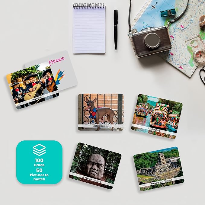 Menique – Mexican Roots Memory Game – Bilingual – 100 Cards (50 Pairs) with Real Photographs – Includes Booklets in English & Spanish – Cultural Matching Game for Kids & Adults