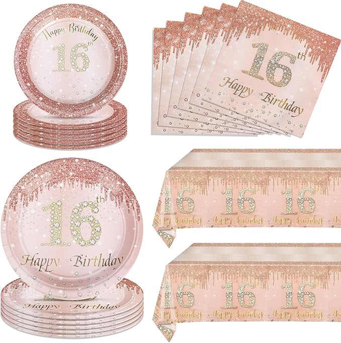 16th Birthday Party Decorations for Girls, Rose Gold Birthday Supplies Include 20Pcs Dinner Plates, 20Pcs Dessert Plates, 20Pieces Napkins and 2 Tablecloth, Sweet Sixteen Birthday Party Tableware
