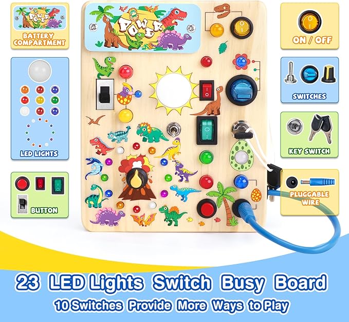 Grarain Busy Board for Toddlers - Montessori Educational Toy for 1-3 Year Old Boys & Girls | Travel-Friendly Sensory Learning Activity | Ideal for Kids with Autism(Dinosaur Busy Board)