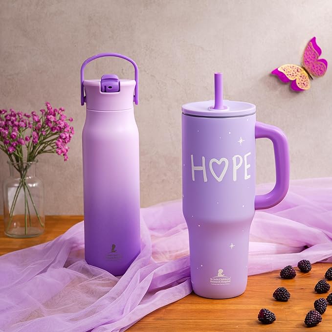 Zak Designs Harmony Water Bottle Benefiting St. Jude, For Travel or At Home, 32oz Stainless Steel is Leak-Proof When Closed and Vacuum Insulated with Straw Lid and Carry Handle (Purple Ombre)