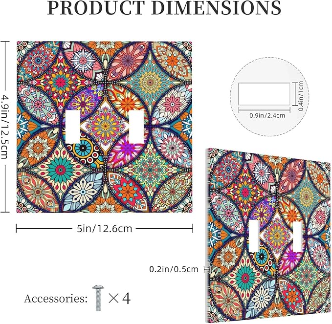 Bohemian 2 Gang Double Toggle Light Switch Cover Decorative colorful Vintage Floral Mandala Flower Electrical Switchplate Faceplate for Kitchen Bedroom Bathroom Standard Size