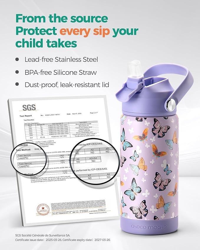 Choco Mocha Kids Water Bottle For School, Kids Insulated Water Bottle Stainless Steel for Girls,14Oz Pink Leopard