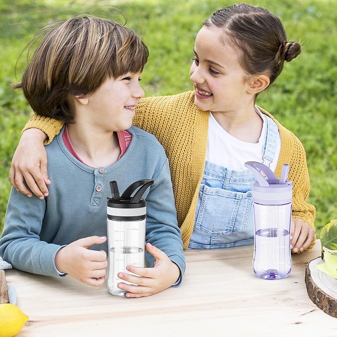 Water Bottle Kids 14oz Flip with Straw Carry Handle, Leakproof, Reusable, Tritan, BPA Free, Suitable for Boys and Girls, Clear