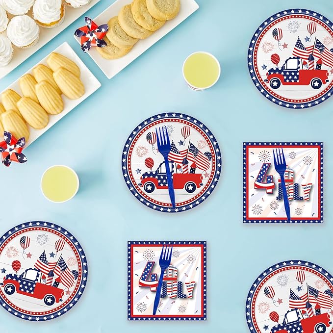 72 Pcs Patriotic Paper Plates American Flag Party Dessert Plates Napkins Forks Tableware Set Disposable Party Decoration Supplies for Labor Day 4th of July Independence Day Election Day, Serve 24