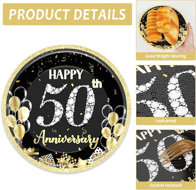 48Pcs 50th Anniversary Paper Plates Napkins Wedding Party Decorations Employee Career Retirements Party Supplies Black Gold Disposable Dinner Tableware Set for Birthday Anniversary Graduation Serve 24