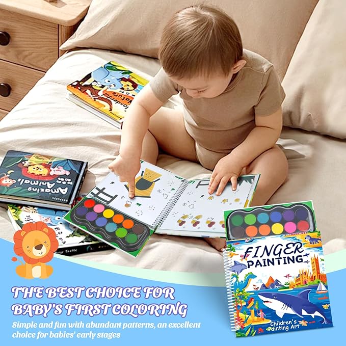 Finger Paint Coloring Book for Kids, Hardcover Travel Finger Paint Kit Include 12 Colors Ink Pad Finger Painting Activity Book, Portable Sensory Activity Develops Creativity, Travel Busy Book for Kids -Ocean World