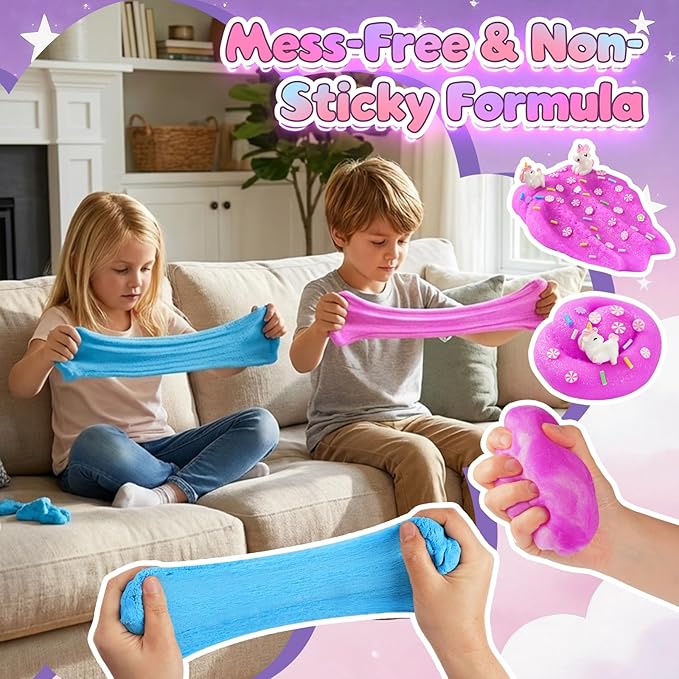 2 Pack 250ml Unicorn Cloud Slime Kit for Girls Boys - Scented Fluffy Cloud Slime with Cute Unicorn Charms - Non-Sticky Sensory Fidget Toys for Stress Relief & ASMR - DIY Slime Gift for Kids