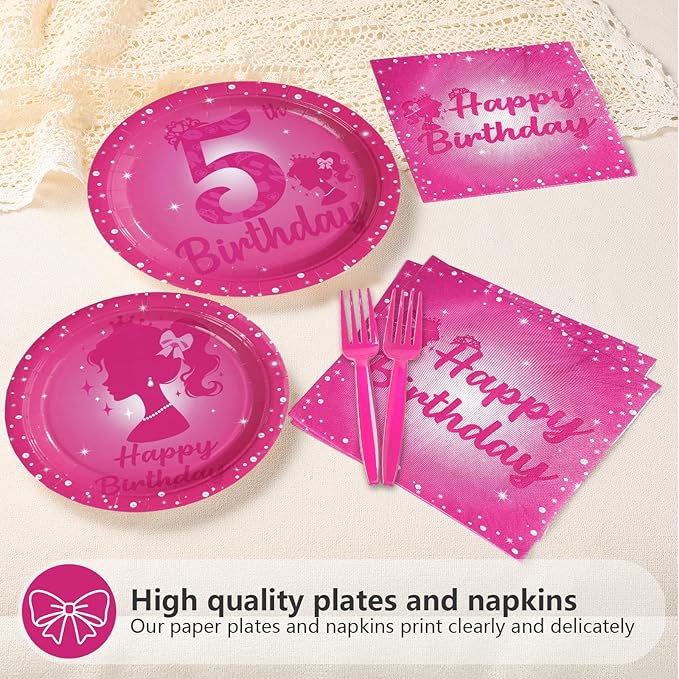 96Pcs Pink 5th Birthday Party Decorations 5 Years Old Hot Pink Plates and Napkins Princess Doll Girl Tableware Sets for Kids Girls Baby Shower Happy 5th Birthday Party Supplies Serves 24