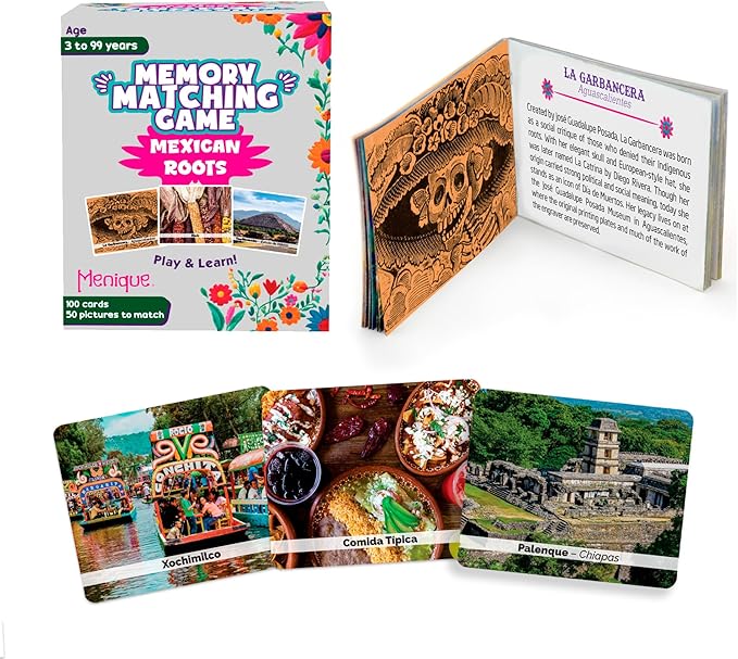 Menique – Mexican Roots Memory Game – Bilingual – 100 Cards (50 Pairs) with Real Photographs – Includes Booklets in English & Spanish – Cultural Matching Game for Kids & Adults