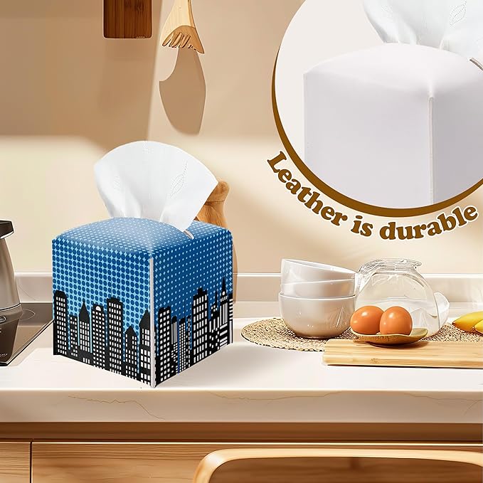 Blue Super Hero City Leather Tissue Box Cover – Tissue Box Holder Square Facial Paper Organizer, Kids Birthday Party Decor & Gift for Bathroom, Super Hero Birthday Party Decorations