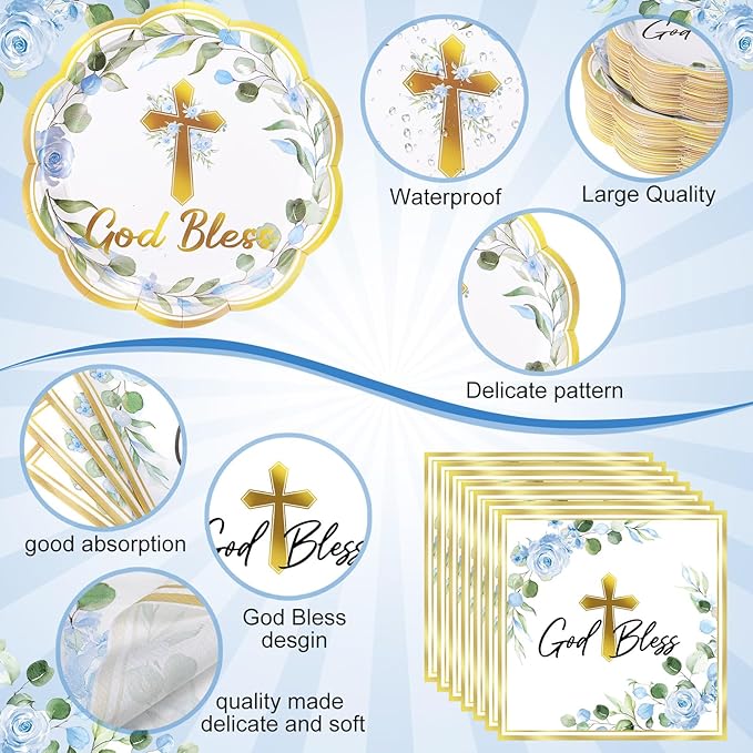 Pickmesh 194 Pcs God Bless Baptism Party Decoration Boy for 24, Blue Floral Baptism Confirmation Paper Plate Napkin Cup Tablecloth Cutlery for First Holy Communion Christening Baby Shower Supplies