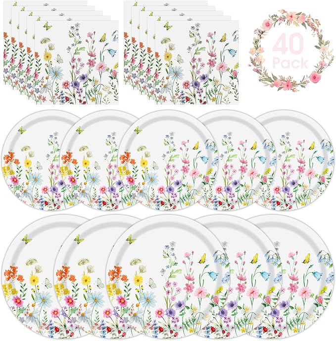 40 Pcs Spring Wildflower Plates and Napkins Sets - Disposable Floral Paper Plates Napkins Dinnerware, Flowers Dessert Dinner Plate for Spring Summer Wedding Birthday Party Supplies Table Decorations