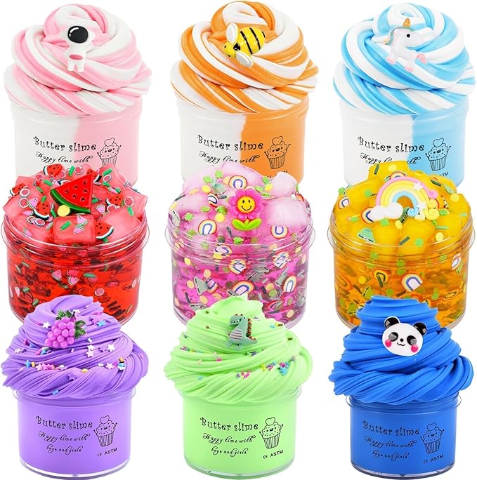 9 Pack Slime Kit, with 3 Jelly Cube Crunchy & 6 Butter Slime, Soft and Non-Sticky for Girls Boys Party Gift, Stress Kids Relief Toys - Classroom Reward, Party Supplies