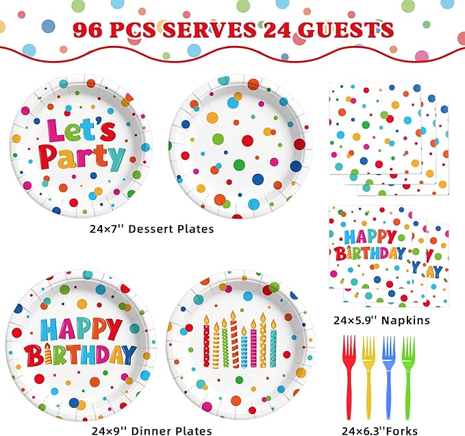 Kinovo 96 Pcs Happy Birthday Paper Plates Tableware Set (Serves 24), Birthday Dots Dots Design Supplies Set Include Plates Napkins Forks for Party
