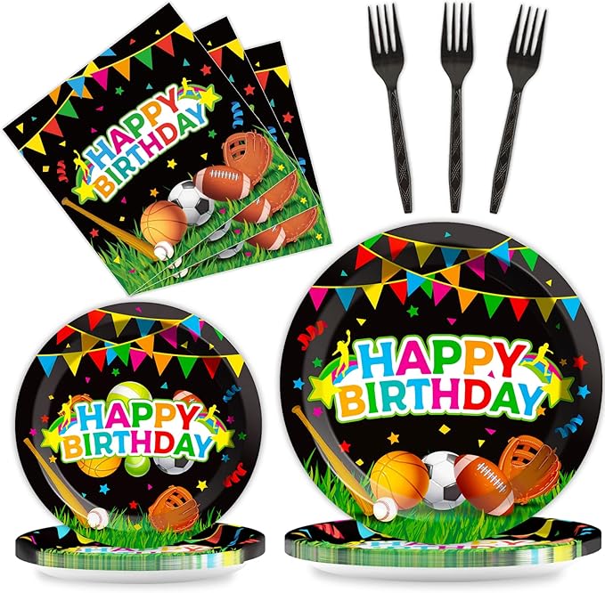 Sports Party Plates Napkins Sports Happy Birthday Party Tableware Baseball Football Soccer Basketball Rugby Disposable Paper Plates Napkins for Boy Birthday Decoration Supplies Favors 24 Guests