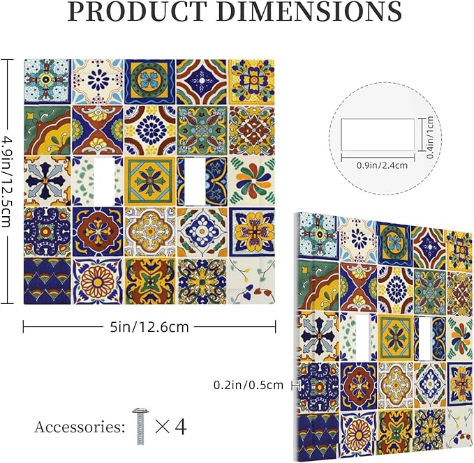 Yellow Talavera Kitchen Mexican Tile Toggle Light Switch Cover Boho Floral Mosaic Ceramic 2-Gang Electrical Decorator Dual Device Face Wallplate Decorative Double Switch Plate Covers Bathroom Decor