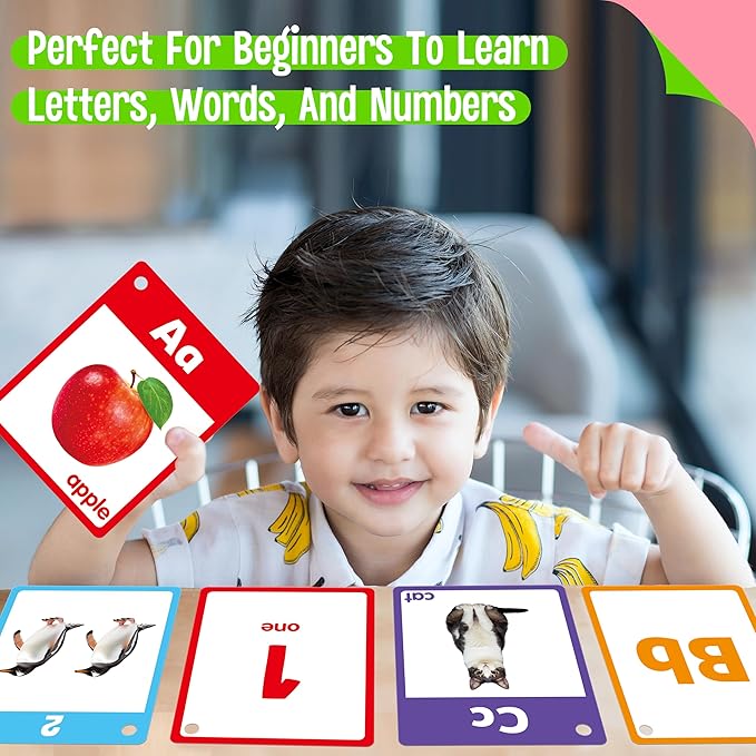Alphabet & Number Flashcards, 36 Double-Sided Cards Uppercase & Lowercase Letter Cards, ABC, 123 & First Words Learning Cards for Preschool and Toddlers Learning (1 Reclosable Rings Attached)
