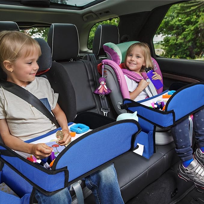Kids Travel Tray, 2Pcs Kids Travel Trays for Car Seat, Road Trip Essentials for Toddler, Carseat Lap Tray Organizer for Road Trip, Airplane Activities for Kid, Blue