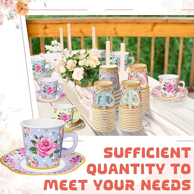 Umigy 36 Sets Mother's Day Tea Party Decorations 9 oz Floral Paper Teacups & Saucer Set for Girls Women Tea Parties Mothers Day Bridal Shower Wedding Birthday Party Decorations(Mixed Color)
