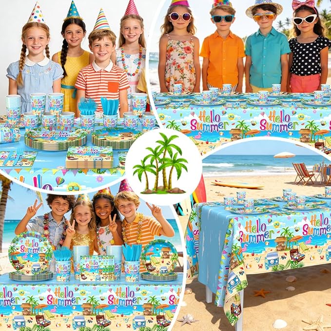 AIBIIN 145PCS Hello Summer Party Decorations Summer Beach Paper Plates Cups and Napkins Sets Hawaiian Theme Party Supplies Disposable Tableware Set with Tablecloth Serves 24 Guests