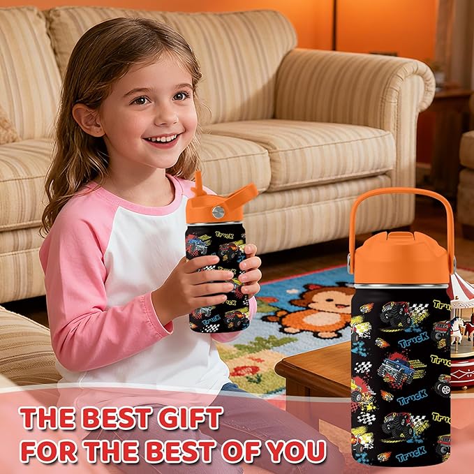 Truck Gifts for Kids - 12oz Kids Water Bottle with Straw Lid, Monster Trucks Water Bottle Insulated, Leak Proof, BPA-Free, Car Tumbler, School, Travel - Truck Lovers Children Birthday Gift Cup(1pc)