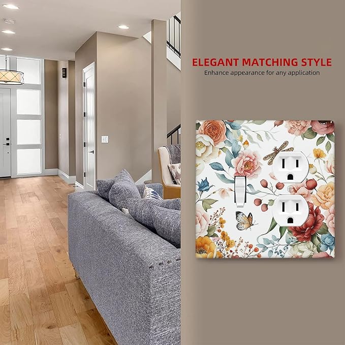 Rustic Style Colorful Peony Butterfly Dragonfly Wallplates 1 Toggle 1 Duplex Electrical Gfci Faceplate Decorative Light Switch Covers Switch Plate for Bedroom Living Room Decor