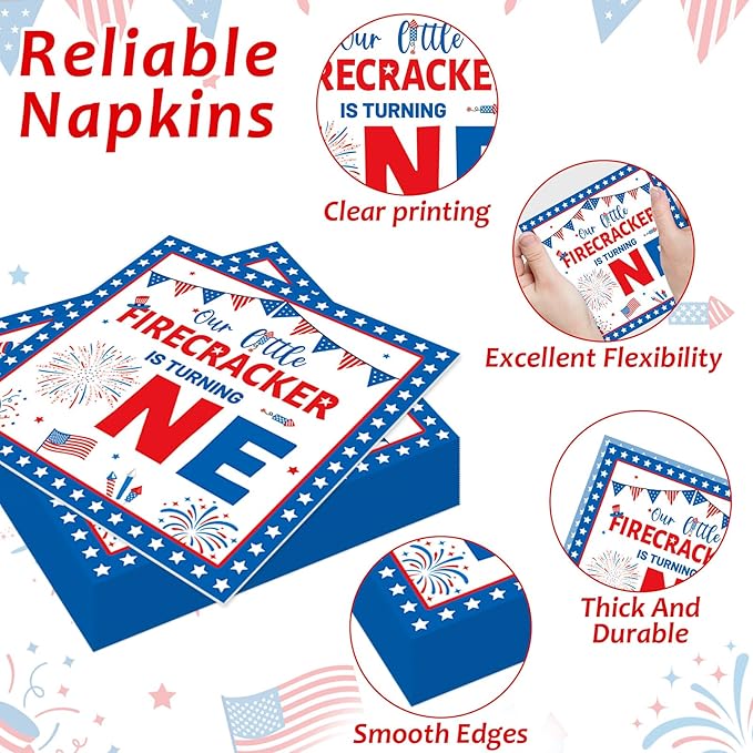 gisgfim 96Pcs Little Firecracker First Birthday Plates and Napkins Party Supplies 4th of July Party Tableware Set Independence Day Patriotic Paper Dinner Birthday Decorations Favors for 24 Guests