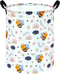 MAIZMZ Rainbow Bee Print Canvas Laundry Basket,Waterproof Storage Bin with Handles 15.7" D×19.7" H Foldable Toy Organizer Decor Gift Basket for Kids' Bedroom & Home Organization