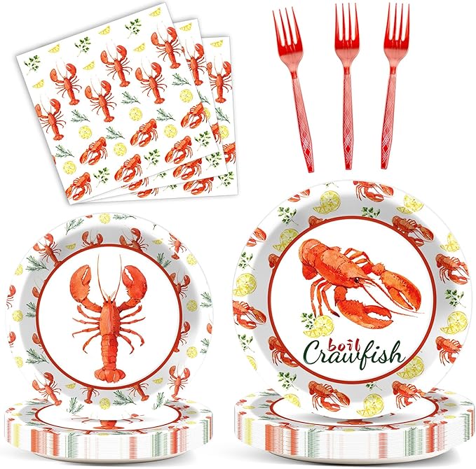 Qyeahkj 100 Pcs Crawfish Boil Party Plates and Napkins Set Crawfish Party Decorations Supplies Lobster Seafood Shrimp Boil Tableware Crawfish Crab Party Favors for Birthday Baby Shower Serve 25