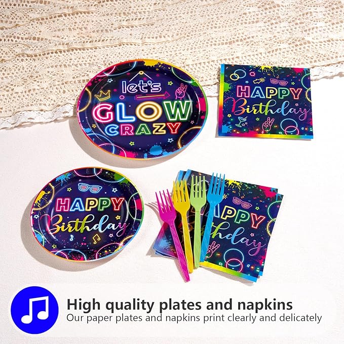 Grencian 96Pcs Neon Party Supplies Let's Glow Party Decorations Glow In The Dark Colorful Plates and Napkins Tableware Neon Birthday Decorations for Baby Shower Game Black Night Themed Favors Serve 24