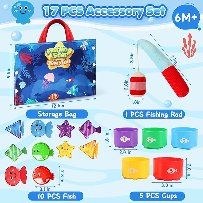 Montessori Toys for 1 Year Old Boy Girl Birthday Gift, 17 in 1 Cloth Fishing Game with Stacking Cups, Color Sorting, Shape Matching, Early Learning, Toddler Toys Gifts for 1 2 Years Old Boy Girl