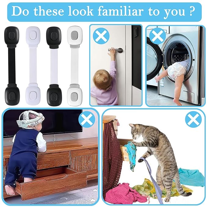 Fursafe&Q Cabinet Locks Baby Proofing, Child Safety Strap Locks Adhesive Black - Child Proof Fridge Lock Drawer Door Toilet Latches No Drill Multi-Purpose for Furniture Kitchen Lock
