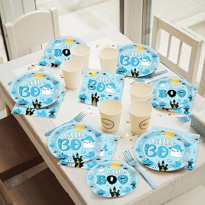 96PCS Halloween Little Boo Baby Shower Plates and Napkins for Boo baby shower Decorations Disposable Blue and Black Dinnerware Plates Napkins Forks for Halloween Party Favors