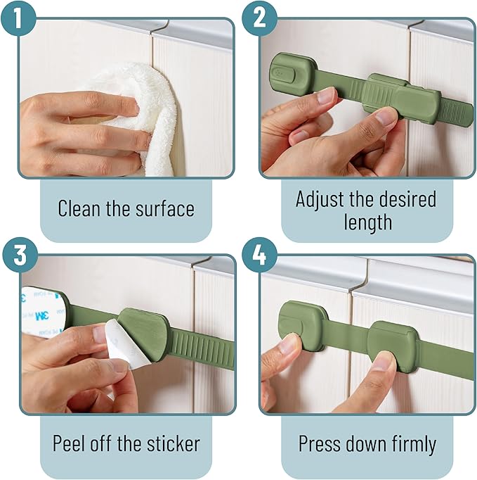 Bates- Child Safety Strap Locks, 6 Pack, Dusty Green, Baby Cabinet Locks with Adjustable Strap Length