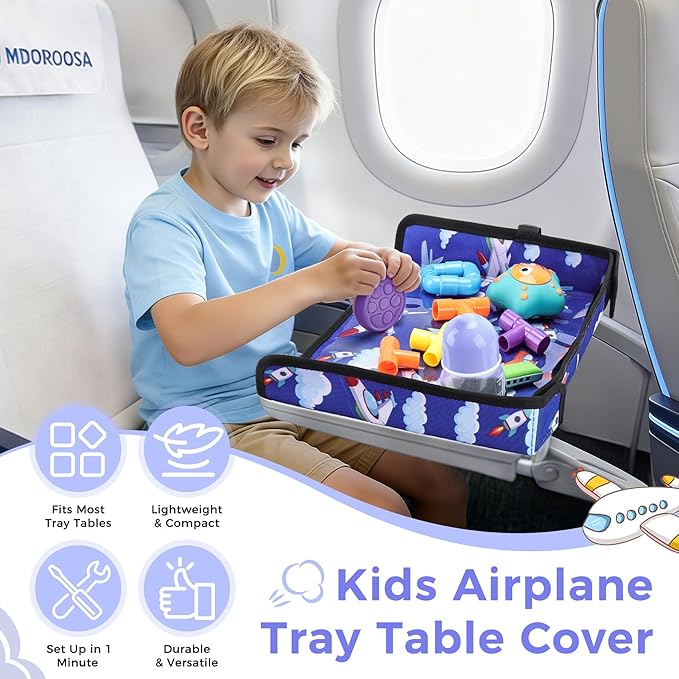 COOLBEBE Airplane Tray Table Cover Foldable Travel Tray Cover for Toddlers 1-3 Universal Fit for Airplane, Car Seat, High Chair Machine Washable, Portable Blue Plane