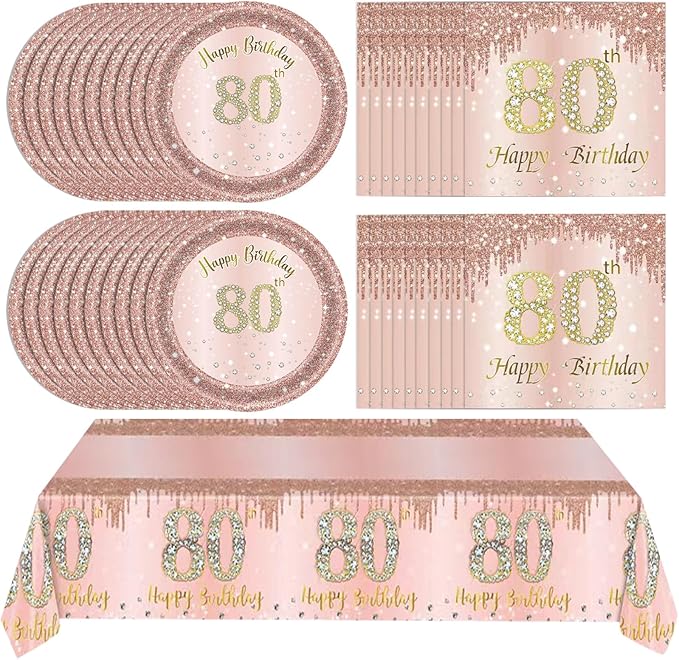 Ryzovo 41Pcs 80th Birthday Decorations, Rose Gold Birthday Party Supplies Include 20Pcs Plates 20Pcs Napkins and 1Piece Tablecloth, Sweet Eighty Year Old Birth Party Tableware for Girl Ladies Women
