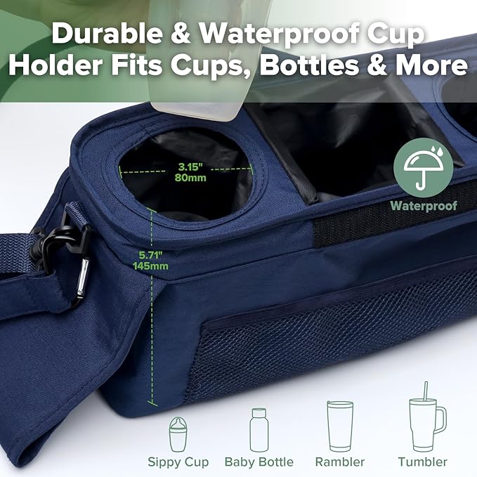 haakaa Stroll & Go Organiser - 2 Cup Holders - Bluestone, Ultimate Stroller Organizer Universal Fit with Adjustable Non-Slip Straps & Hooks, Stroller Caddy Accessories with Shoulder Strap