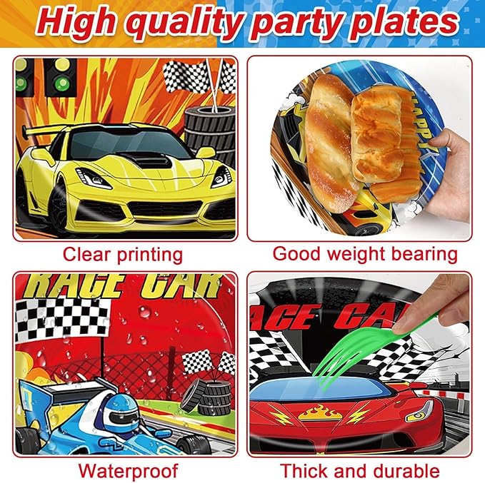 96Pcs Race Car Birthday Party Supplies Hot Car Themed Paper Plates Napkins Racing Themed Park Party Tableware Disposable Checkered Dinnerware Decoration Set for Kids Birthday Baby Shower Table Decor
