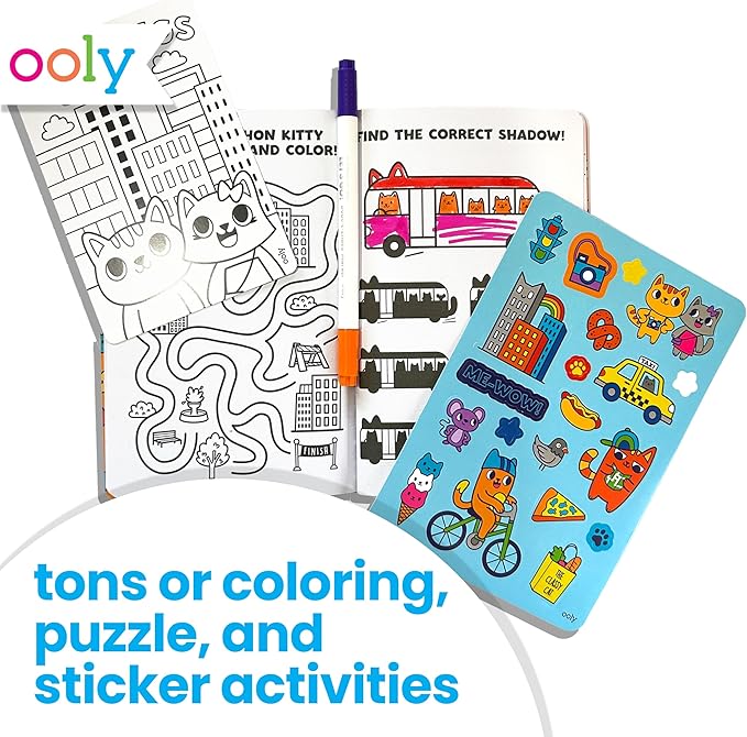 Ooly Let's Go Activity & Coloring Book Kit Complete with Markers, Stickers, Puzzles & More - Portable All in One Set - Kitty in the City