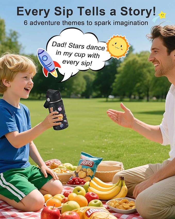 Kids Water Bottle 14oz with Silicone Straw Lid - Insulated Toddler Water Bottle Stainless Steel Keeps Cold 24H, Leak Proof & Universe Stars Prints Design | Custom Name Tag for School, Daycare, Travel