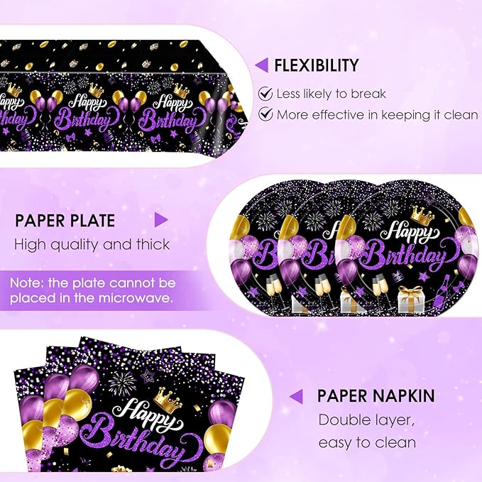 Purple and Black Birthday Decorations,Disposable Party Tableware include Happy Birthday Plates Napkins Tablecloth,for Bday Party Decorations for Women,Girls,Men and Boys,Serves 20