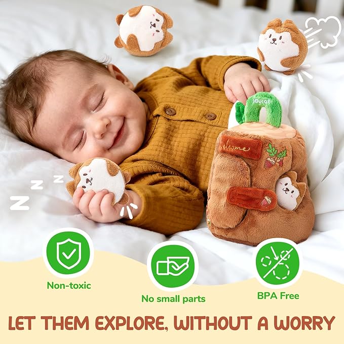 JoyCat Baby Toys 6-12 Months - Soft Baby Treehouse with 5 Sensory Squirrels - Rattle, Crinkle Paper, Squeaker, Mirror, Busy Montessori Soft Toys for Toddlers 0-3 Years Old - Easter Basket Stuffers